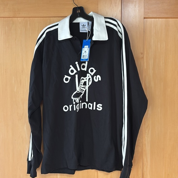 Adidas Black and White long sleeve Rugby Polo Shirt, size L, new with tags - Picture 1 of 6